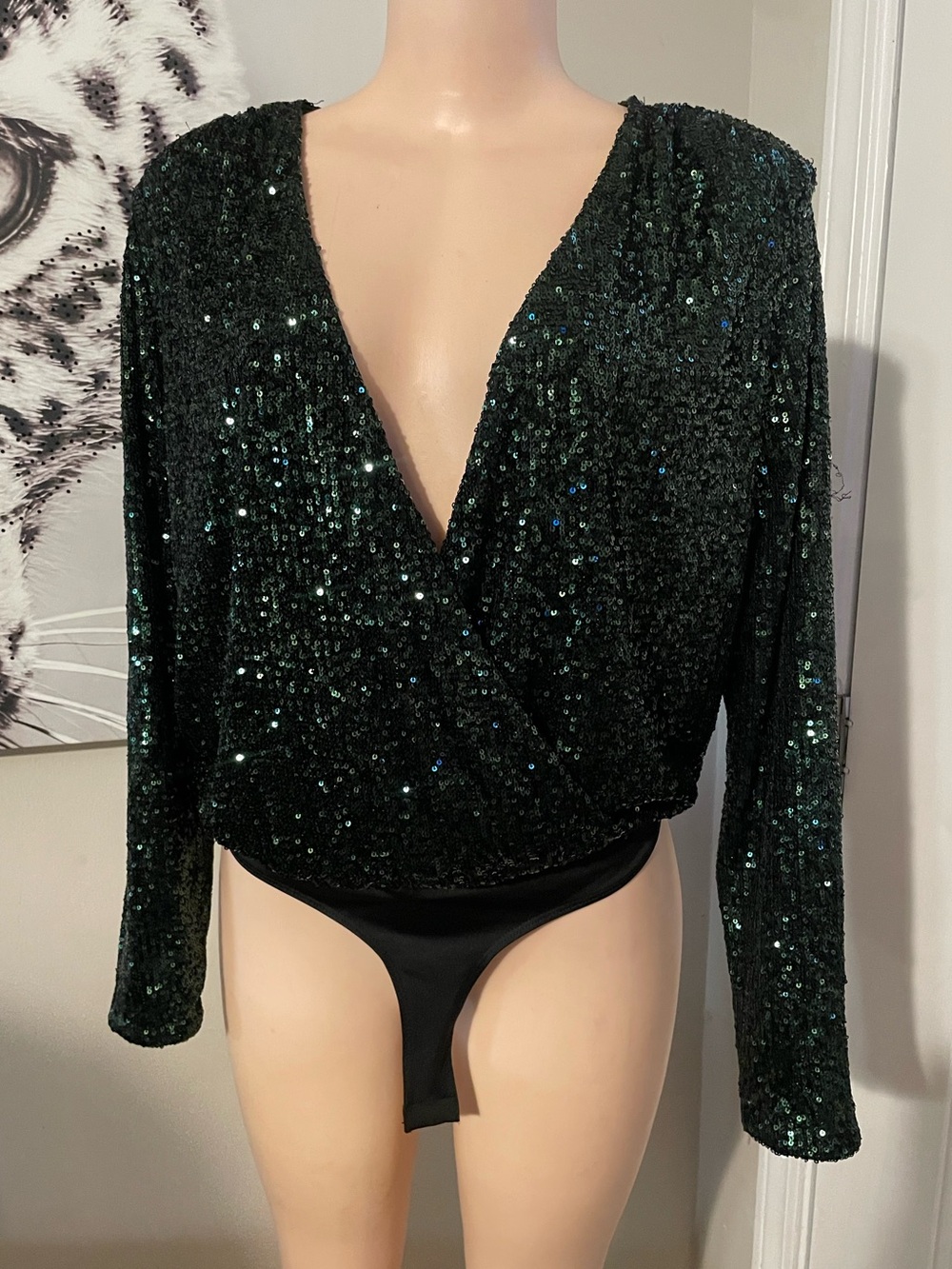 Rachel Zoe emerald green long-sleeve bodysuit shimmering sequin wrap-front Small